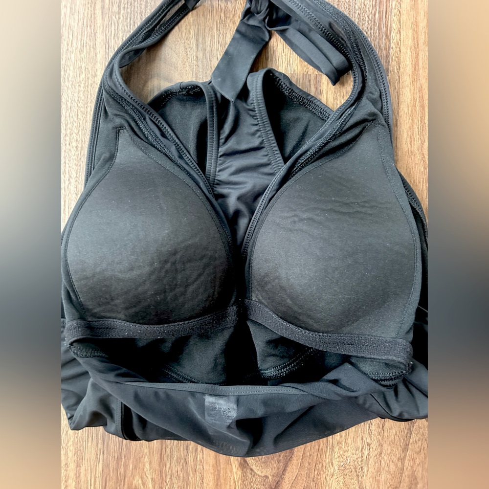 TOMMY BAHAMA Black Plunge Neck Halter Mesh Trim One Piece Swimsuit Minimalist 12 - Picture 6 of 8